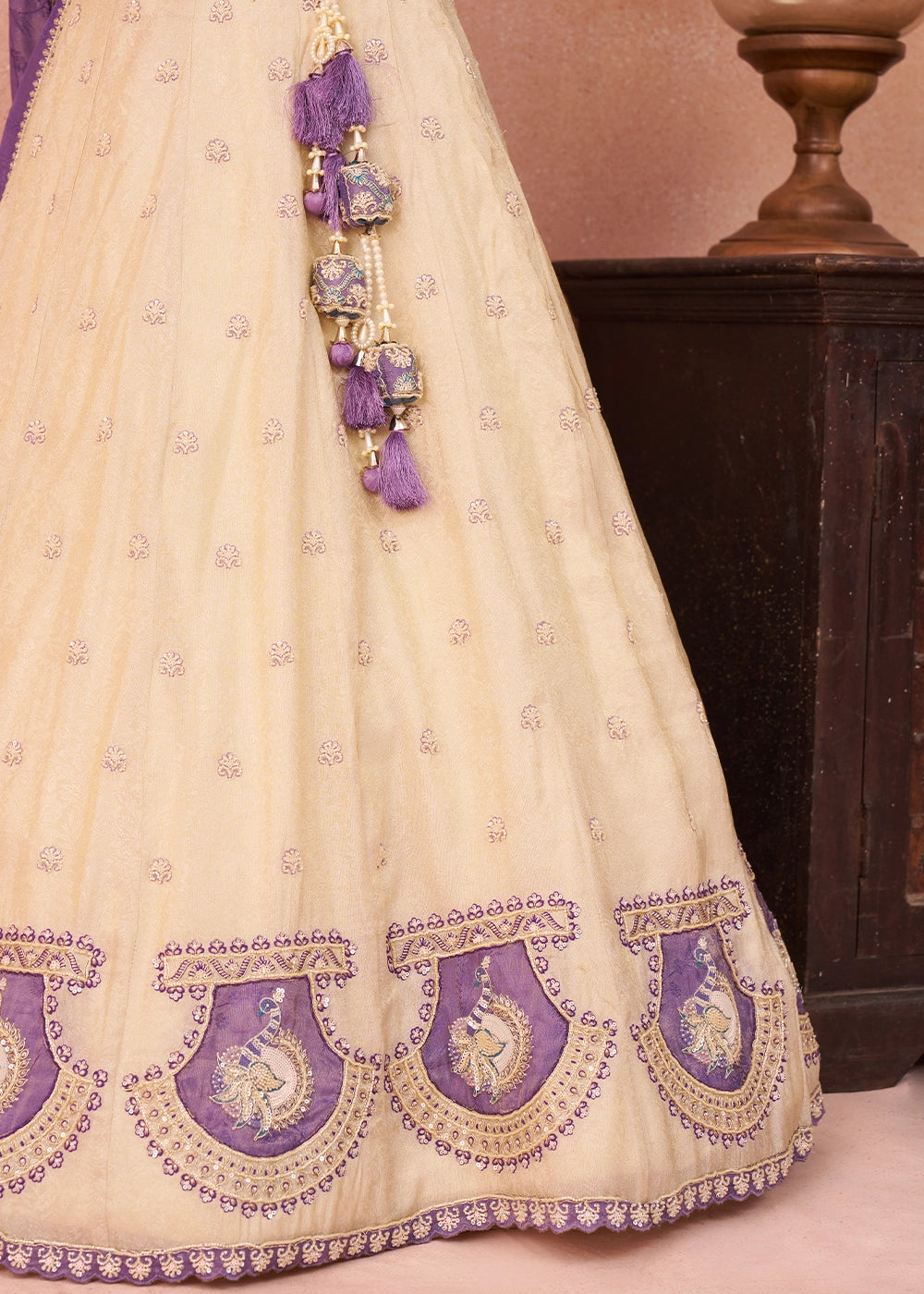 Cream White Jacquard Silk Lehenga Choli with Beads & Embroidery work