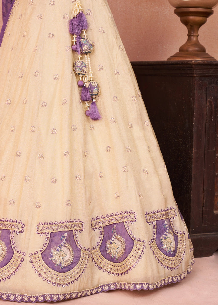 Cream White Jacquard Silk Lehenga Choli with Beads & Embroidery work