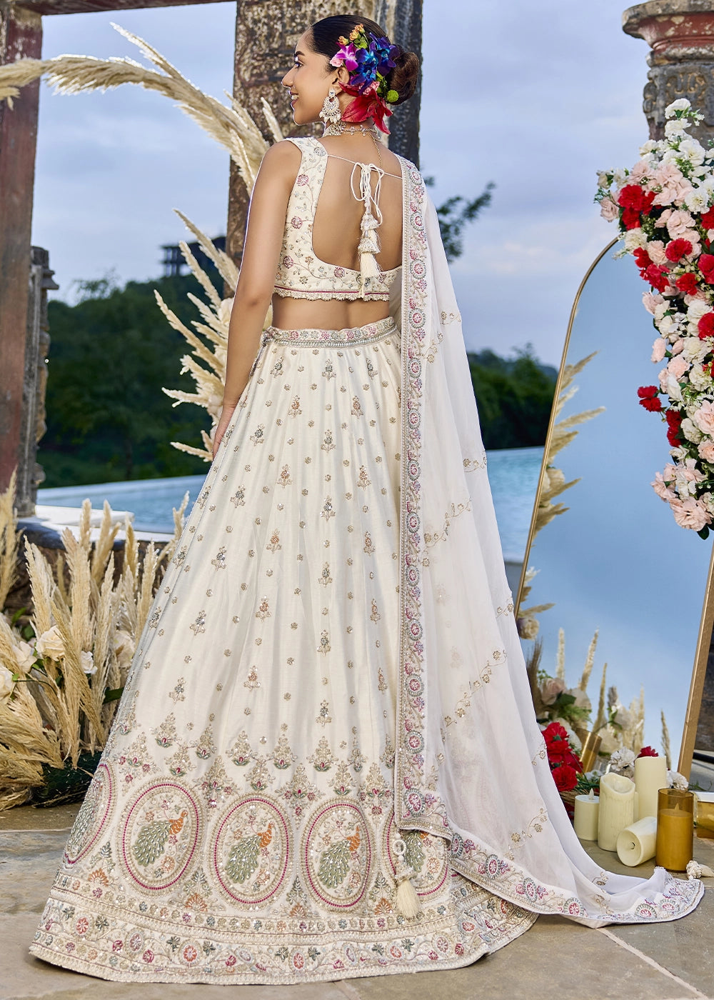 Cream White Embroidered Silk Lehenga Choli with Sequins & Beads Work