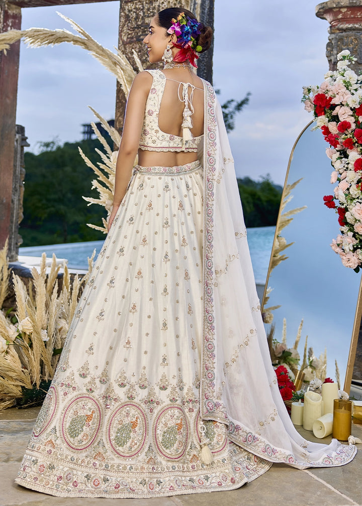 Cream White Embroidered Silk Lehenga Choli with Sequins & Beads Work