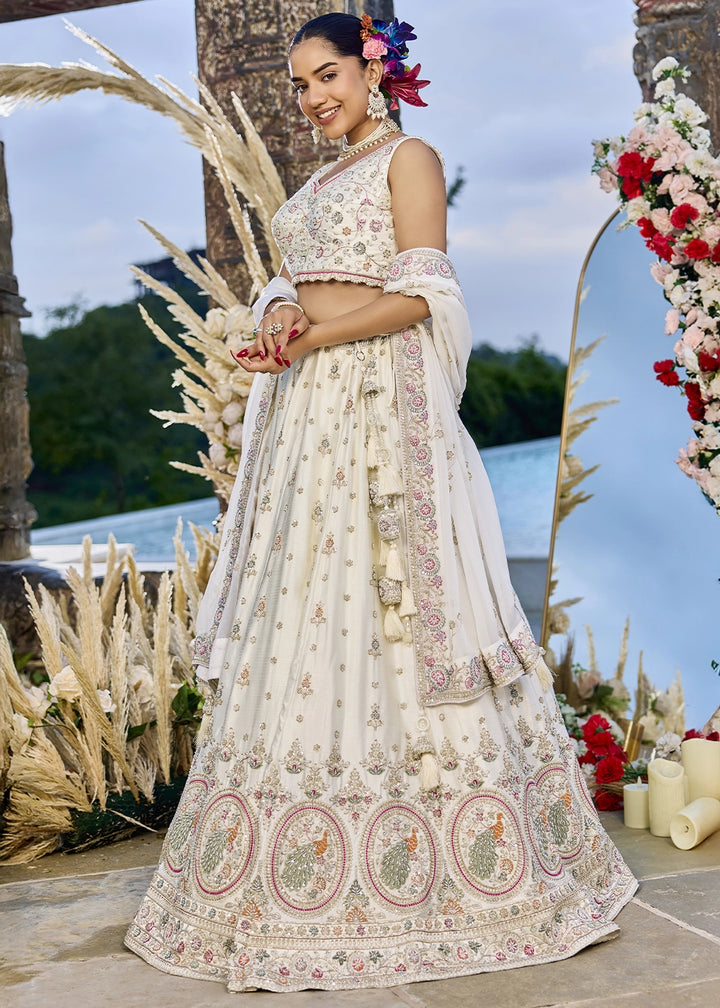 Cream White Embroidered Silk Lehenga Choli with Sequins & Beads Work