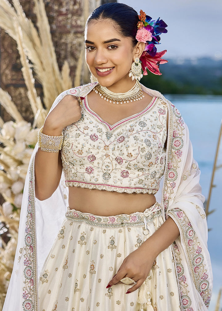 Cream White Embroidered Silk Lehenga Choli with Sequins & Beads Work