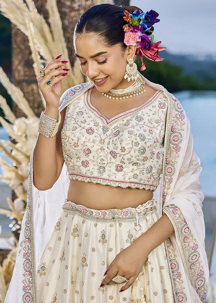 Cream White Embroidered Silk Lehenga Choli with Sequins & Beads Work