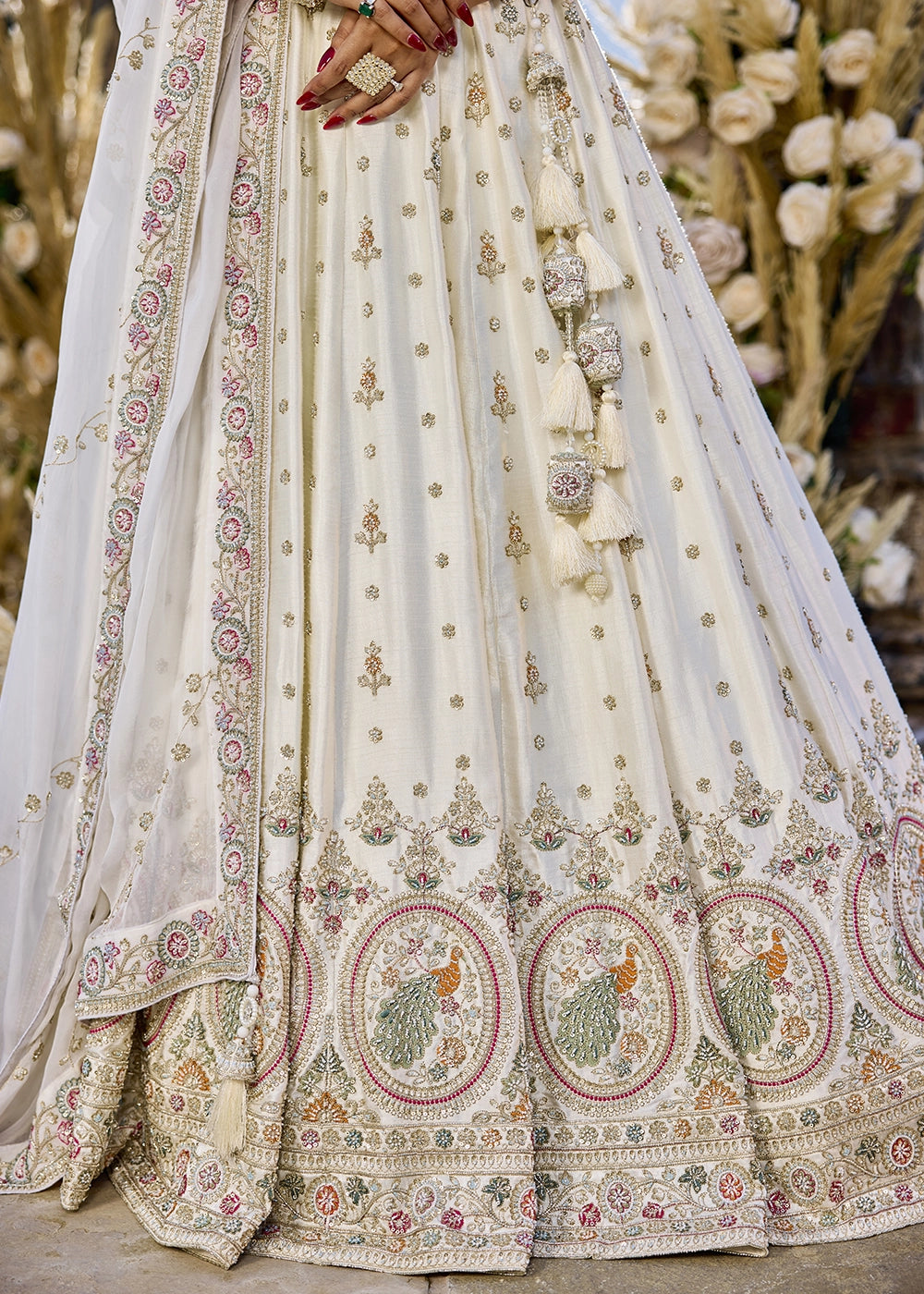 Cream White Embroidered Silk Lehenga Choli with Sequins & Beads Work