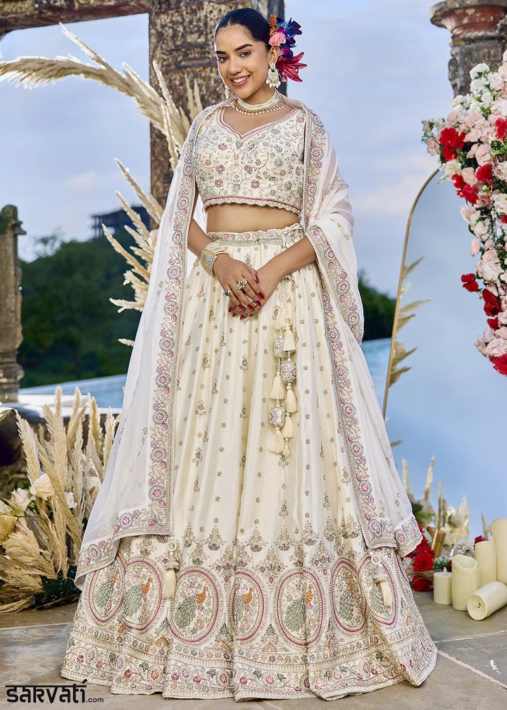 Cream White Embroidered Silk Lehenga Choli with Sequins & Beads Work