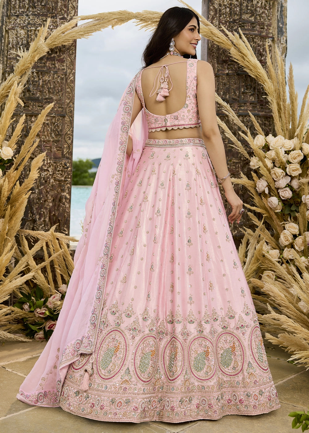 Baby Pink Embroidered Silk Lehenga Choli with Sequins & Beads Work