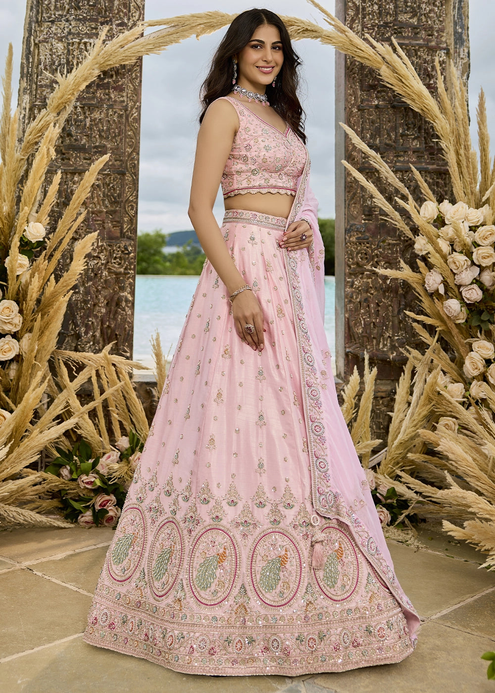 Baby Pink Embroidered Silk Lehenga Choli with Sequins & Beads Work