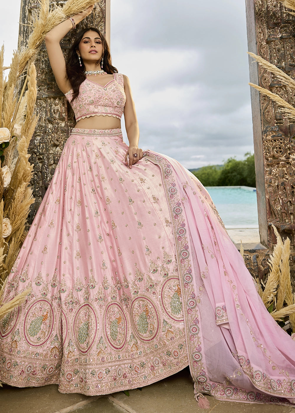 Baby Pink Embroidered Silk Lehenga Choli with Sequins & Beads Work