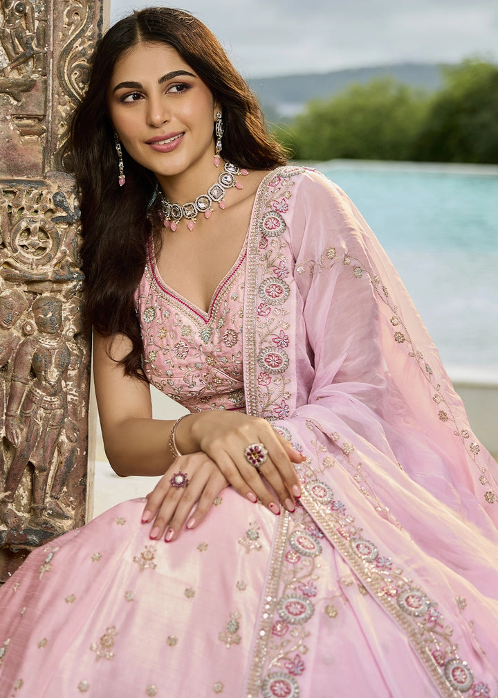 Baby Pink Embroidered Silk Lehenga Choli with Sequins & Beads Work