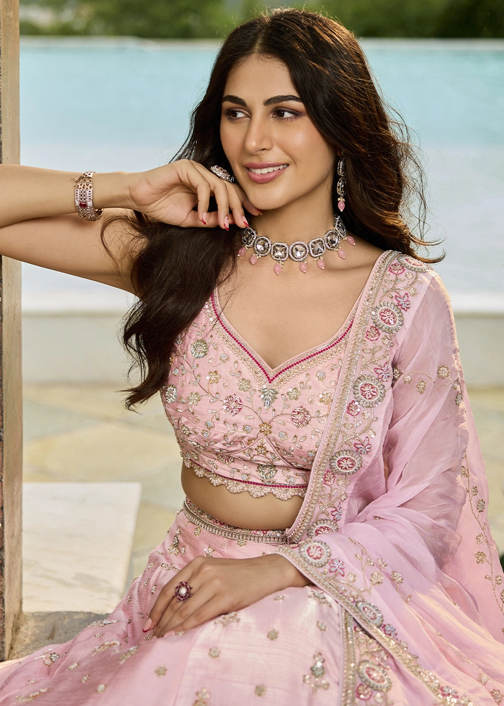 Baby Pink Embroidered Silk Lehenga Choli with Sequins & Beads Work