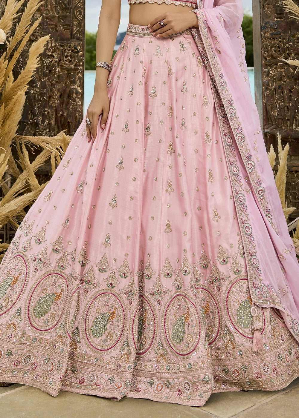 Baby Pink Embroidered Silk Lehenga Choli with Sequins & Beads Work