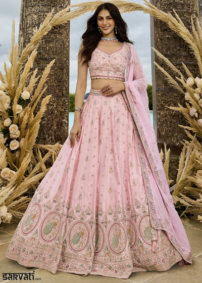 Baby Pink Embroidered Silk Lehenga Choli with Sequins & Beads Work