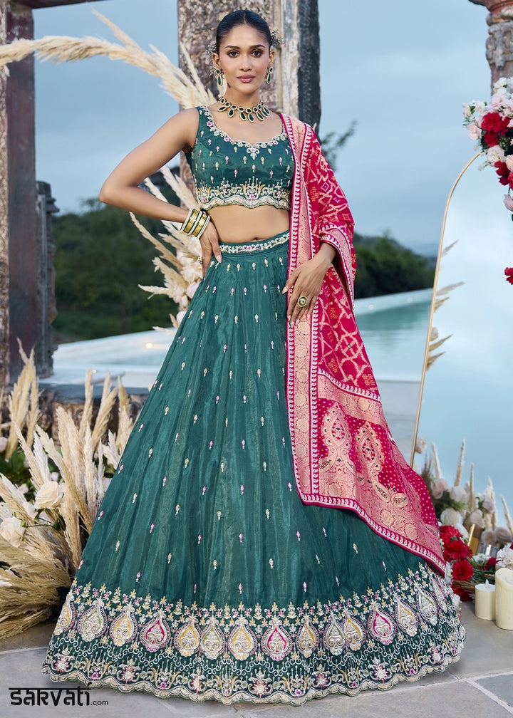 Arabian Green Silk Lehenga Choli with Handcrafted Floral & Sequin Work