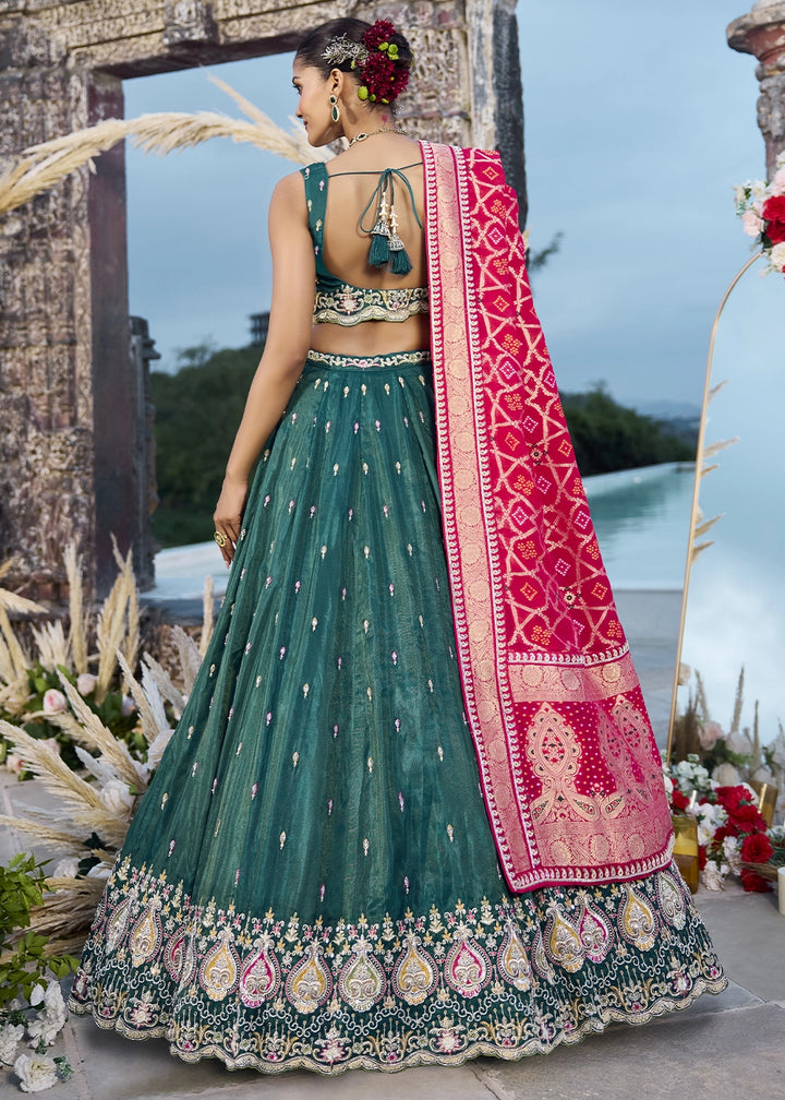 Arabian Green Silk Lehenga Choli with Handcrafted Floral & Sequin Work