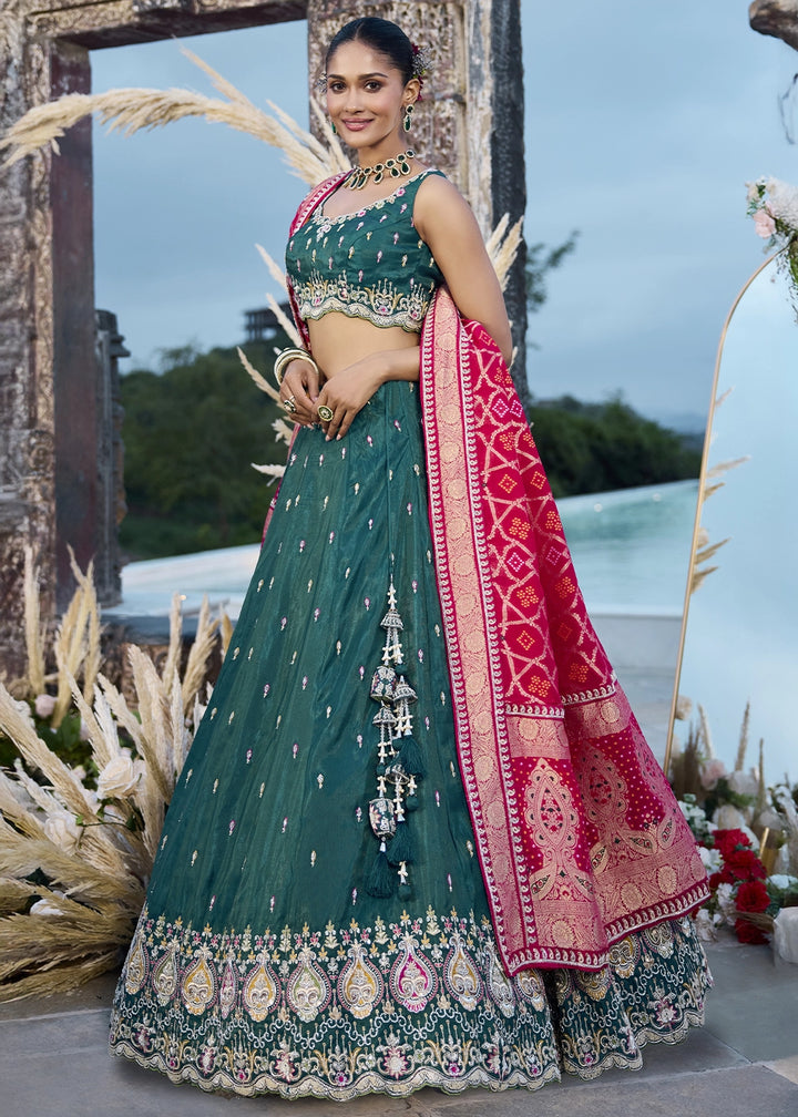 Arabian Green Silk Lehenga Choli with Handcrafted Floral & Sequin Work