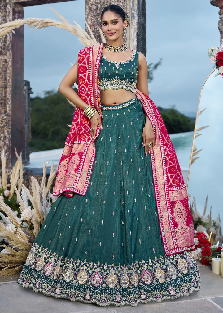 Arabian Green Silk Lehenga Choli with Handcrafted Floral & Sequin Work