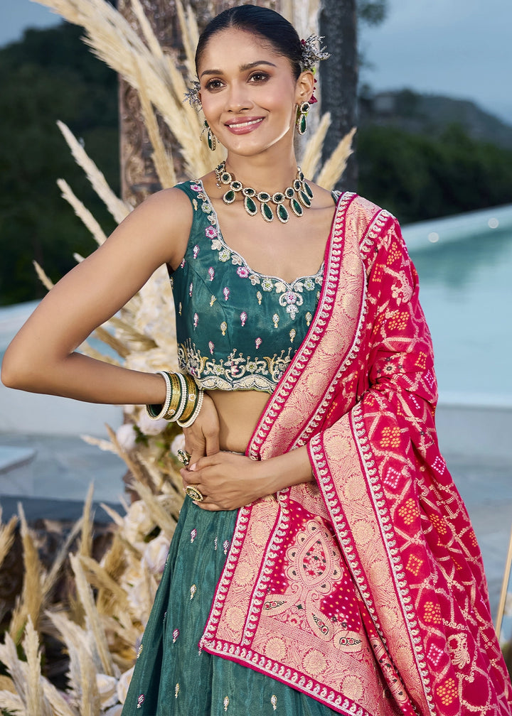 Arabian Green Silk Lehenga Choli with Handcrafted Floral & Sequin Work