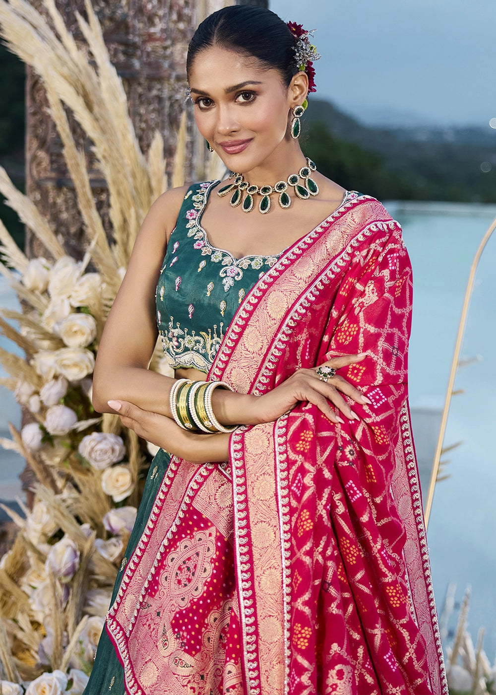 Arabian Green Silk Lehenga Choli with Handcrafted Floral & Sequin Work