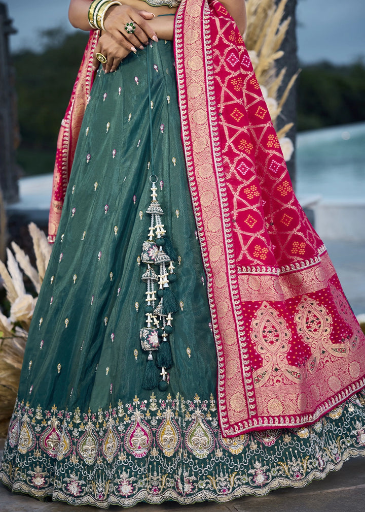 Arabian Green Silk Lehenga Choli with Handcrafted Floral & Sequin Work
