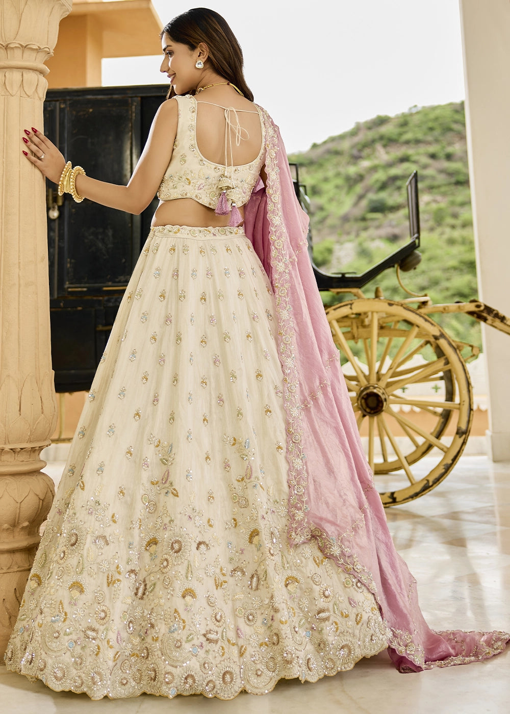 Cream White Embroidered Tissue Lehenga Choli with Sequins & Beads Work