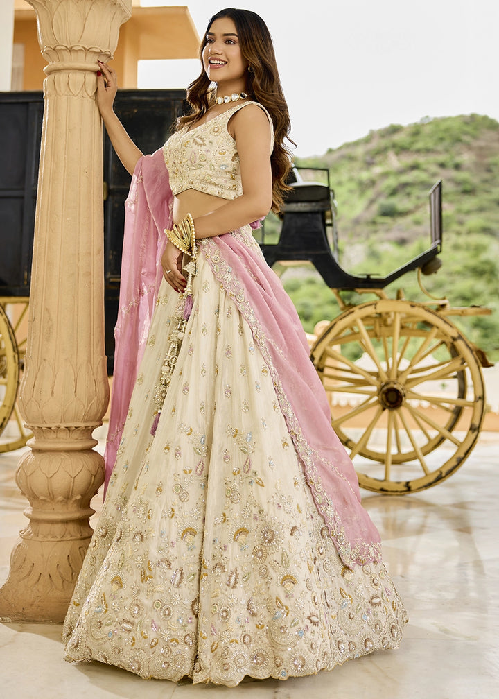 Cream White Embroidered Tissue Lehenga Choli with Sequins & Beads Work
