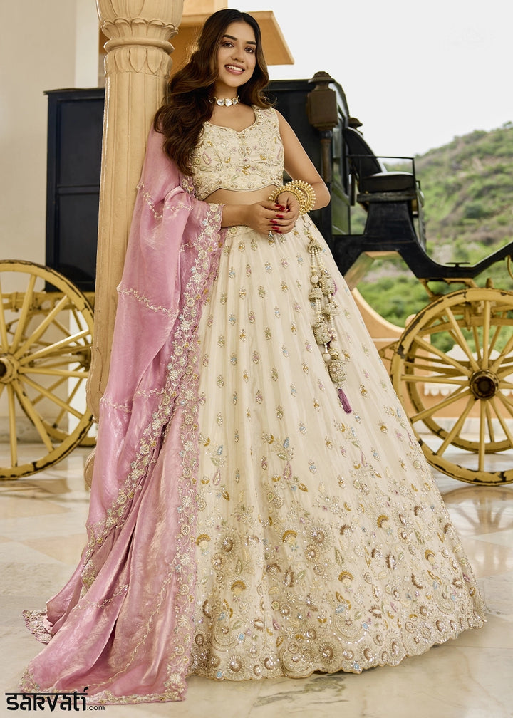 Cream White Embroidered Tissue Lehenga Choli with Sequins & Beads Work
