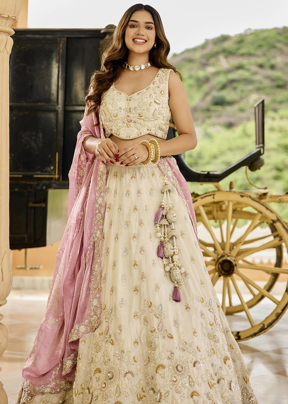 Cream White Embroidered Tissue Lehenga Choli with Sequins & Beads Work