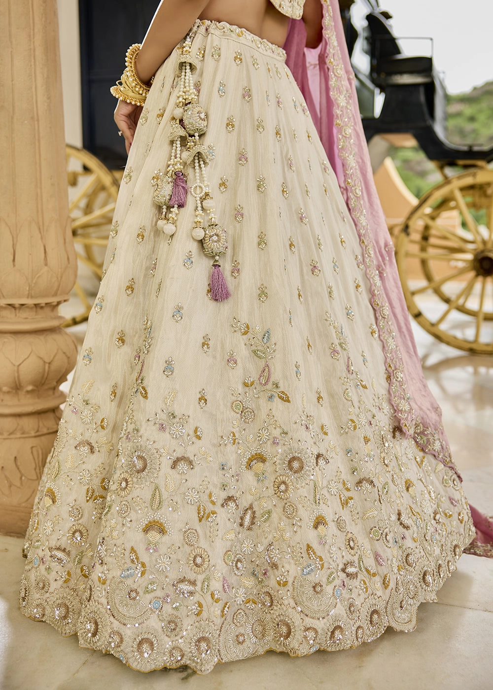 Cream White Embroidered Tissue Lehenga Choli with Sequins & Beads Work