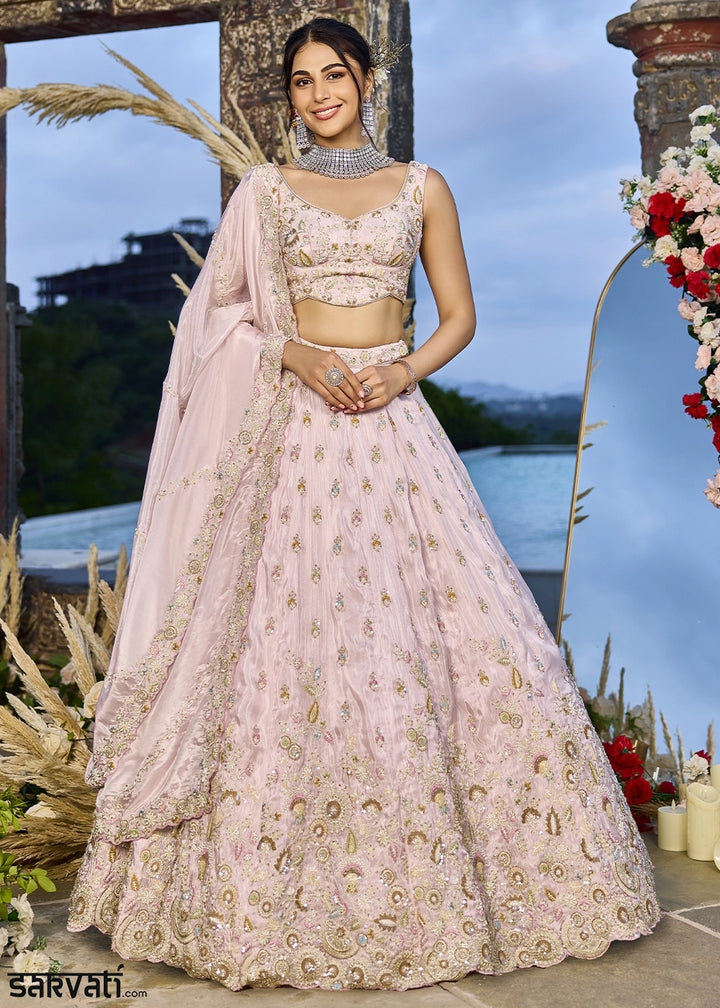 Lace Pink Embroidered Tissue Lehenga Choli with Sequins & Beads Work
