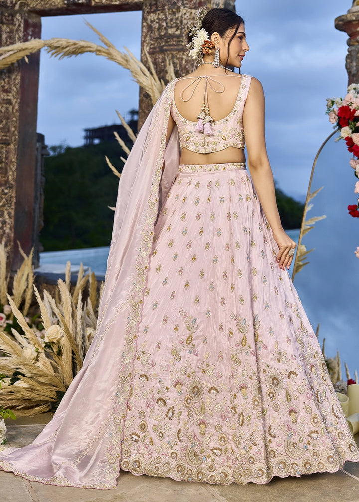 Lace Pink Embroidered Tissue Lehenga Choli with Sequins & Beads Work