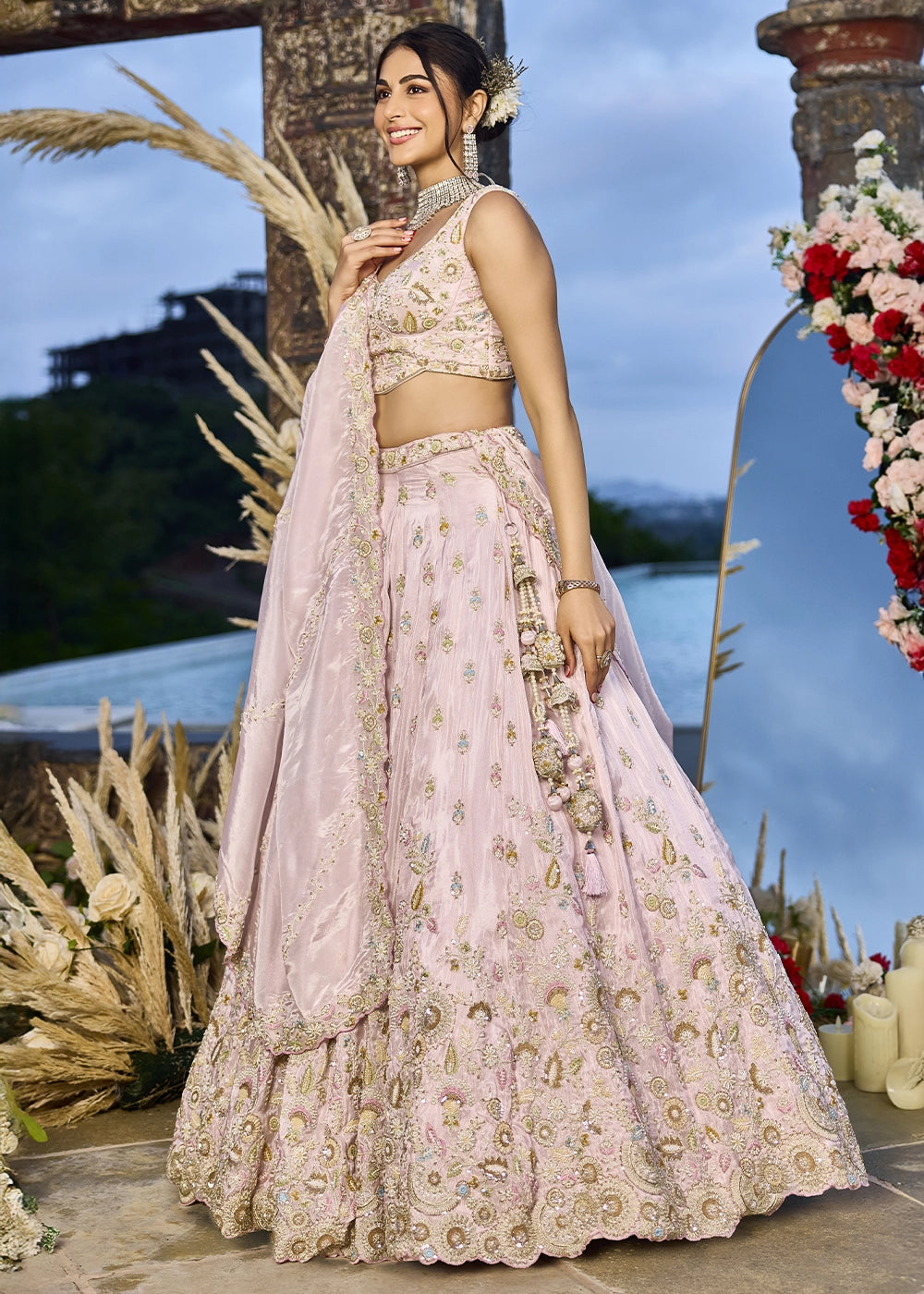 Lace Pink Embroidered Tissue Lehenga Choli with Sequins & Beads Work