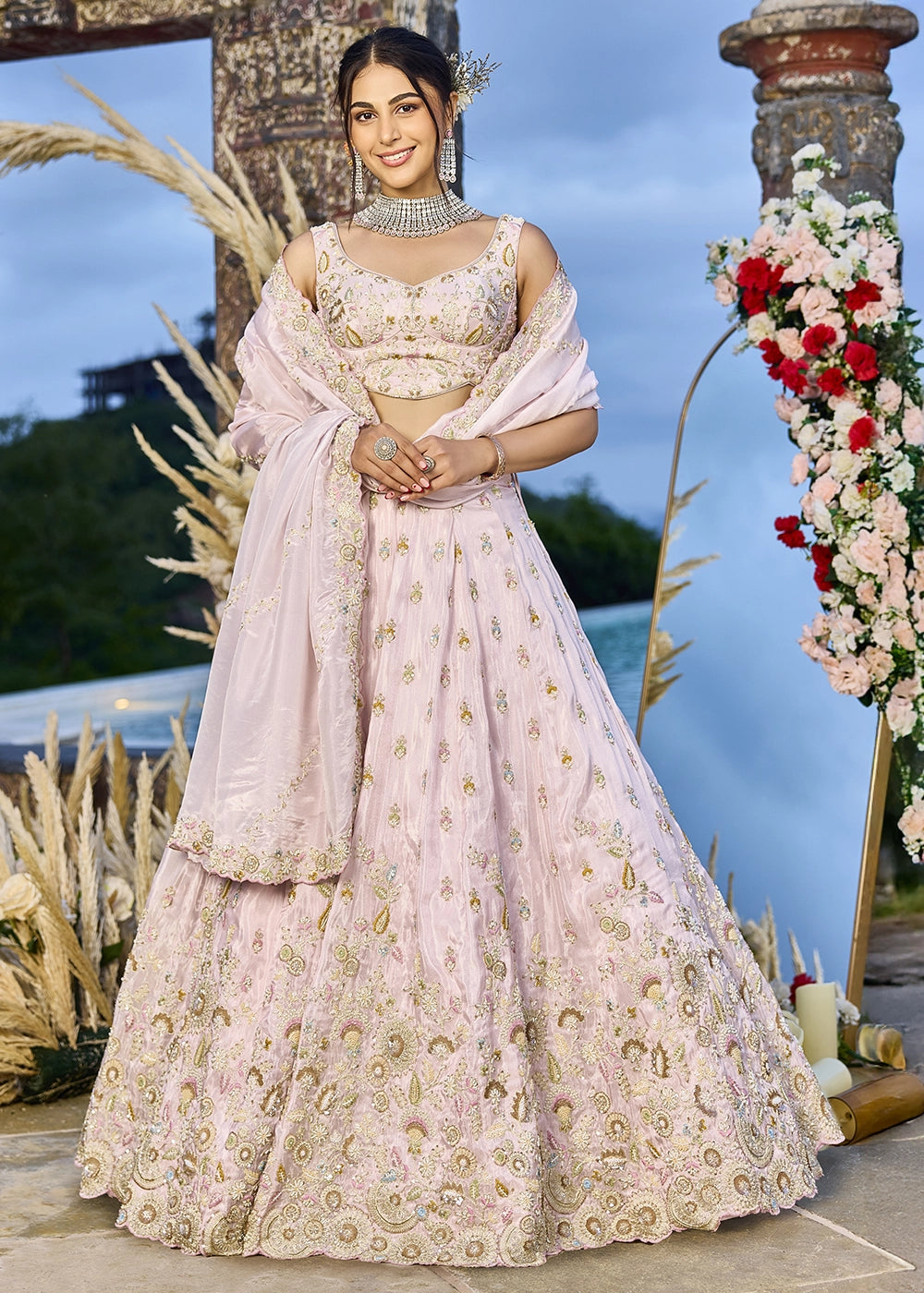 Lace Pink Embroidered Tissue Lehenga Choli with Sequins & Beads Work