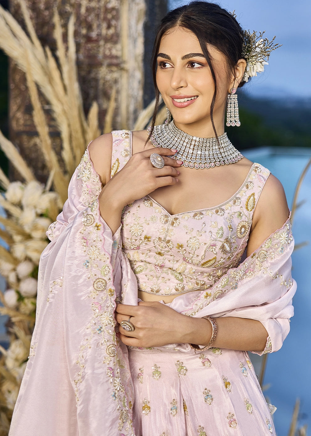 Lace Pink Embroidered Tissue Lehenga Choli with Sequins & Beads Work