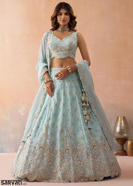 Baby Blue Tissue Lehenga Choli with Beads & Sequins work