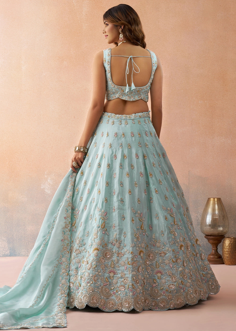Baby Blue Tissue Lehenga Choli with Beads & Sequins work