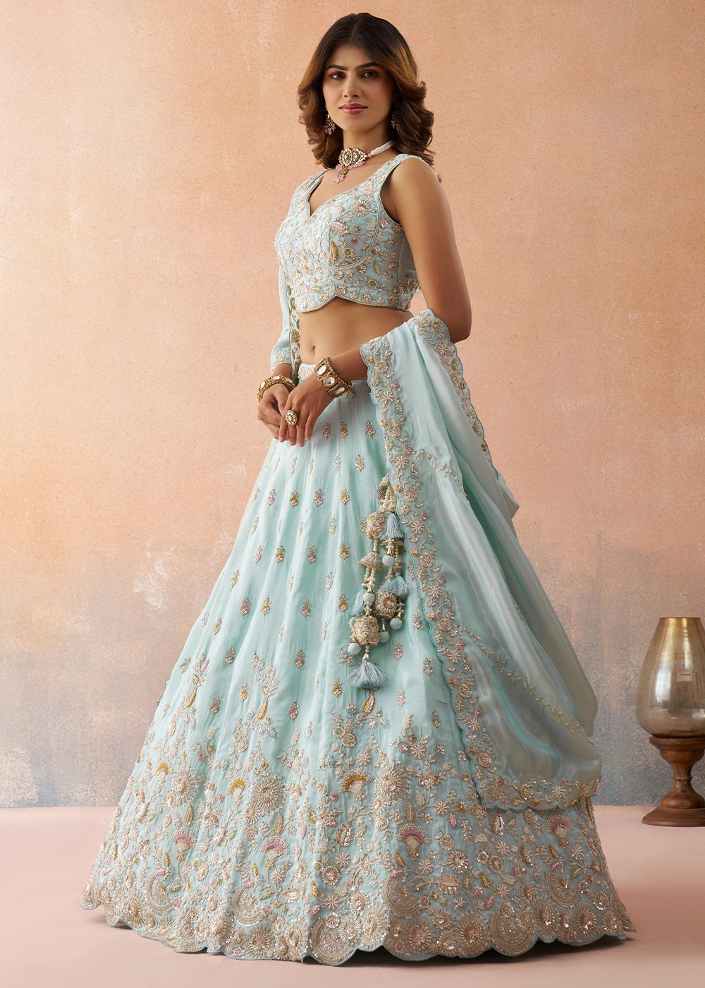 Baby Blue Tissue Lehenga Choli with Beads & Sequins work