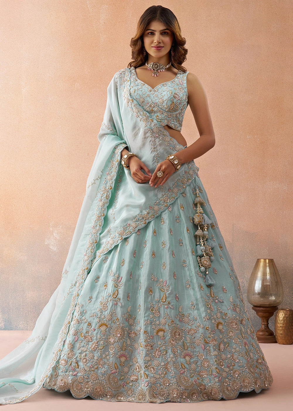 Baby Blue Tissue Lehenga Choli with Beads & Sequins work