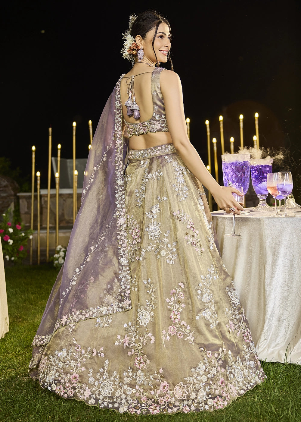 Brownish Purple Embroidered Tissue Lehenga Choli with Sequins & Beads Work