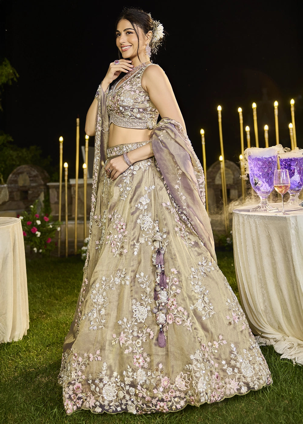 Brownish Purple Embroidered Tissue Lehenga Choli with Sequins & Beads Work