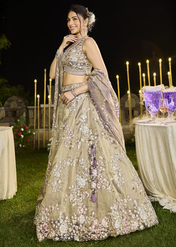 Brownish Purple Embroidered Tissue Lehenga Choli with Sequins & Beads Work