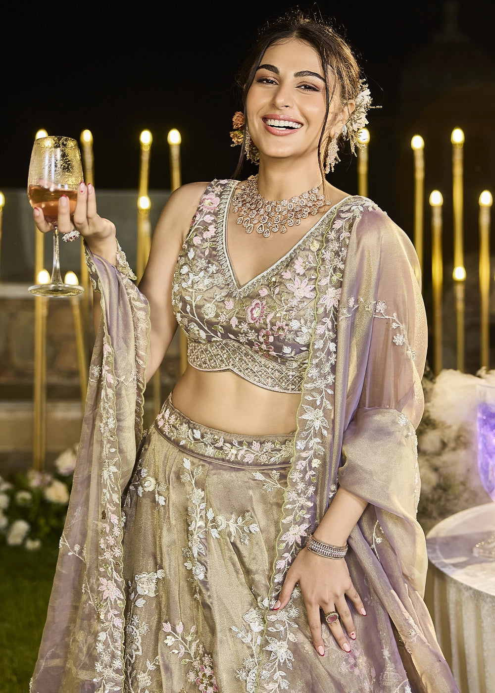 Brownish Purple Embroidered Tissue Lehenga Choli with Sequins & Beads Work