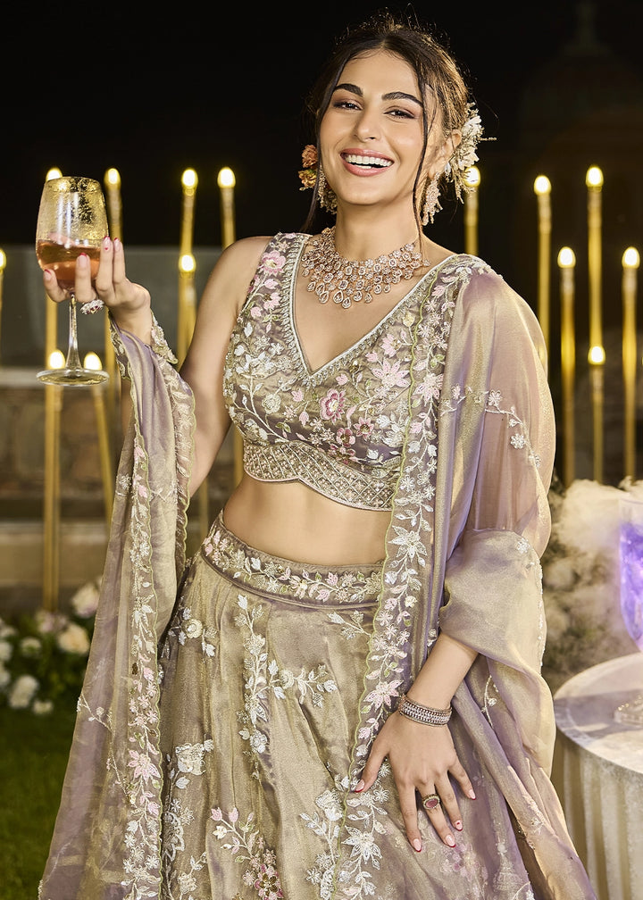 Brownish Purple Embroidered Tissue Lehenga Choli with Sequins & Beads Work