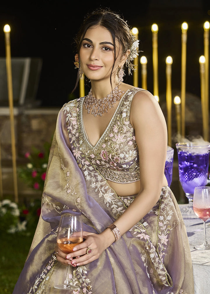 Brownish Purple Embroidered Tissue Lehenga Choli with Sequins & Beads Work