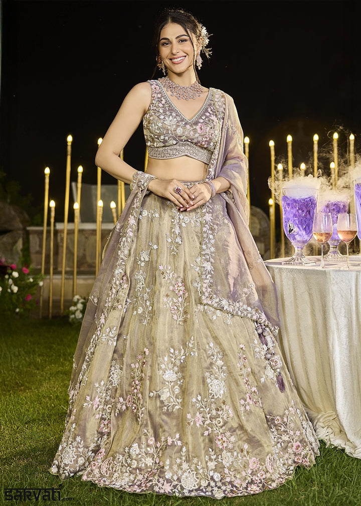 Brownish Purple Embroidered Tissue Lehenga Choli with Sequins & Beads Work
