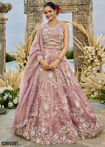 Shades Of Pink Embroidered Tissue Lehenga Choli with Sequins & Beads Work