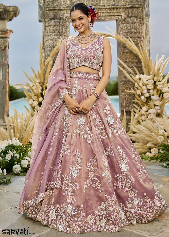 Shades Of Pink Embroidered Tissue Lehenga Choli with Sequins & Beads Work