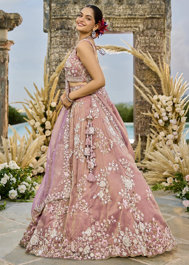 Shades Of Pink Embroidered Tissue Lehenga Choli with Sequins & Beads Work