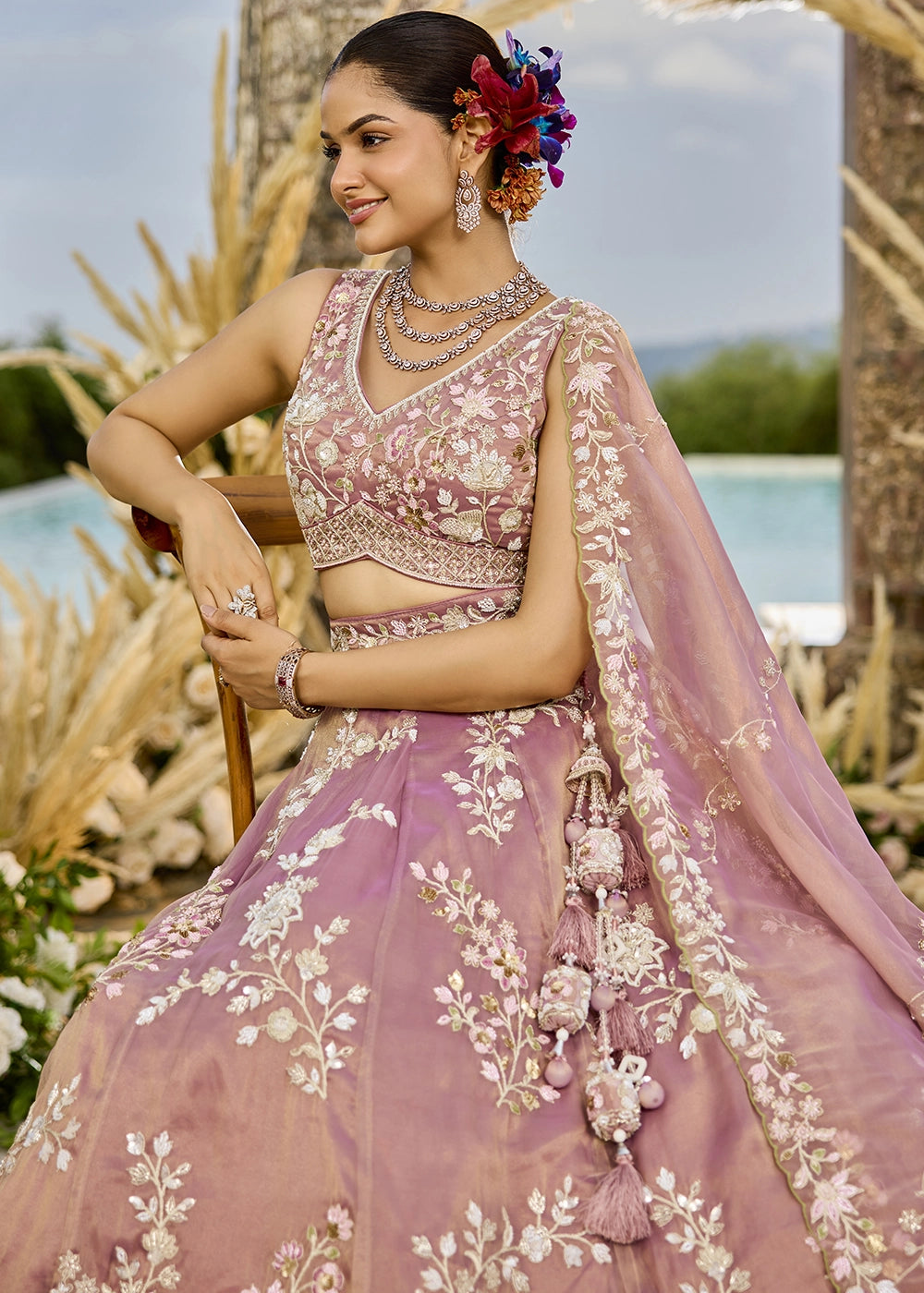 Shades Of Pink Embroidered Tissue Lehenga Choli with Sequins & Beads Work