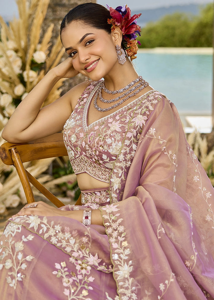Shades Of Pink Embroidered Tissue Lehenga Choli with Sequins & Beads Work