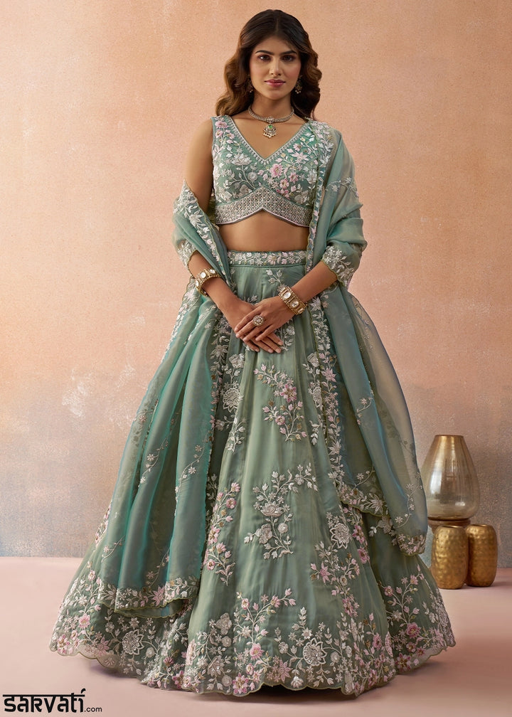 Sage Green Tissue Lehenga Choli with Beads & Sequins work